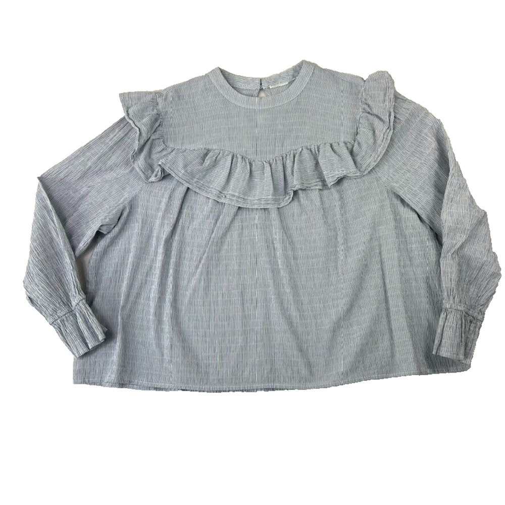 A.N.A Womens Blouse Size 3X (28") Long Sleeve Pin Stripe Ruffle Cotton Top New